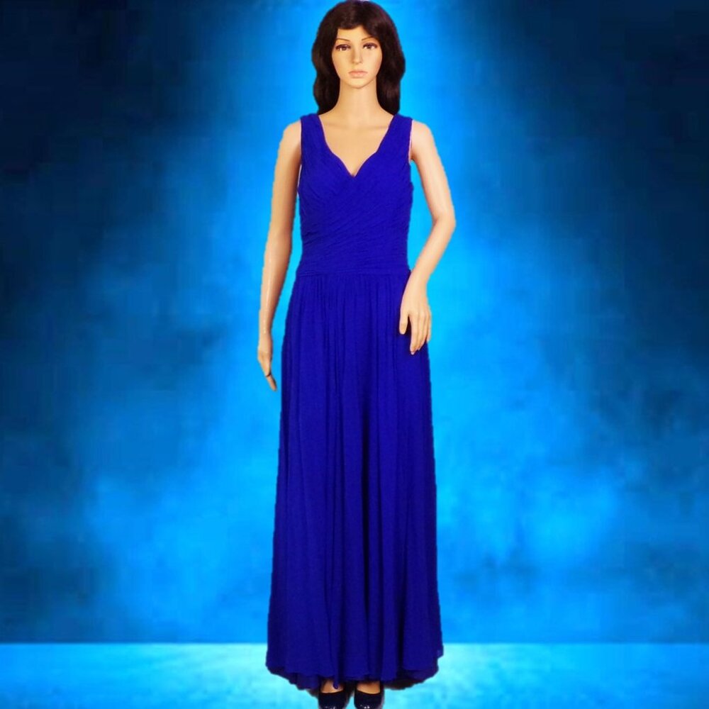 SILK! BLACK TIE BY OLEG CASSINI size 8 royal-blue sleeveless long gown 100% silk